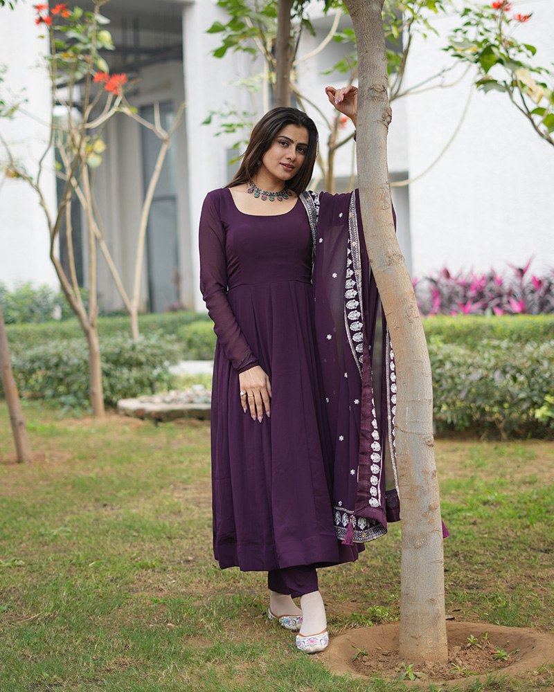 Wine Elegant Embroidered Anarkali Suit Clothsvilla