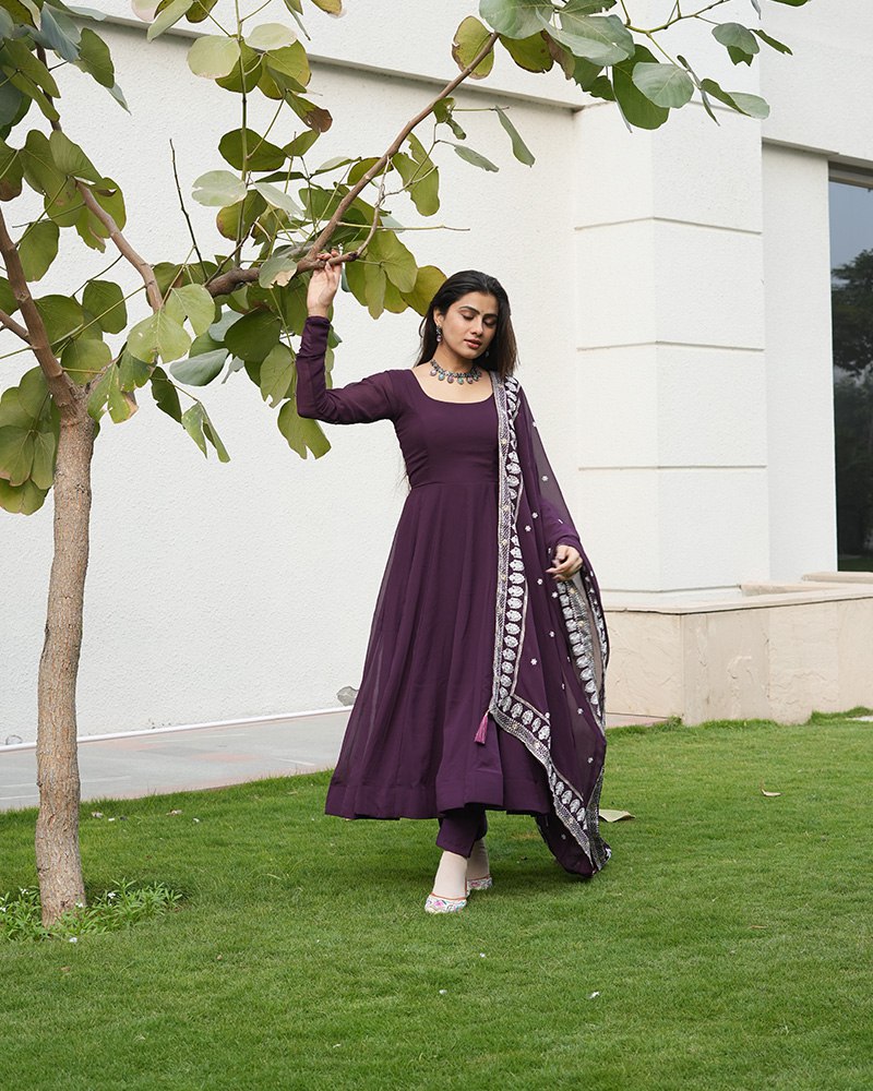 Wine Elegant Embroidered Anarkali Suit Clothsvilla