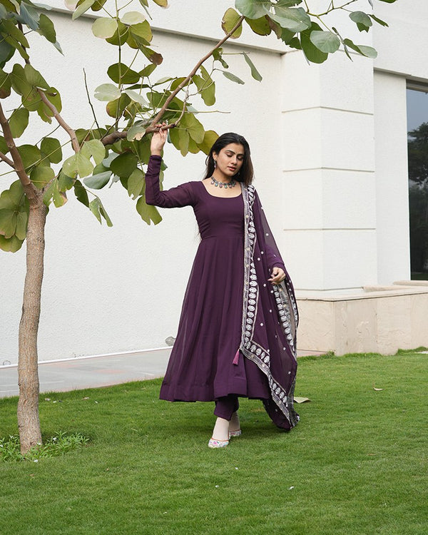 Wine Elegant Embroidered Anarkali Suit Clothsvilla