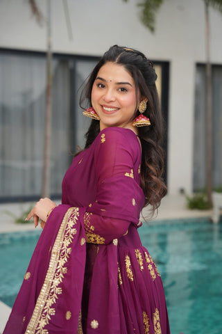 Wine Elegant Embroidered Star Georgette Gown with Dupatta – Full Sleeve, Pan Neck, Zari & Sequin Work Clothsvilla