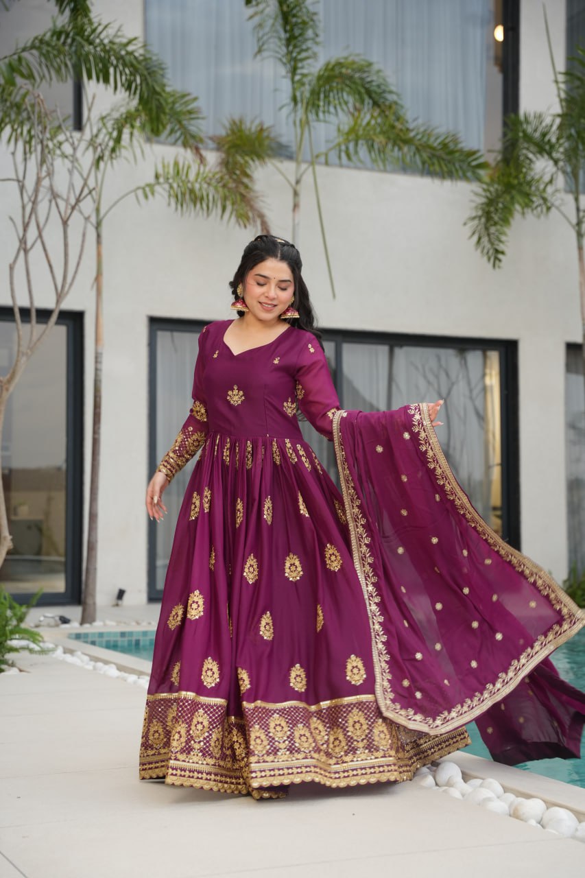 Wine Elegant Embroidered Star Georgette Gown with Dupatta – Full Sleeve, Pan Neck, Zari & Sequin Work Clothsvilla