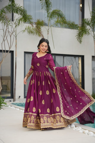 Wine Elegant Embroidered Star Georgette Gown with Dupatta – Full Sleeve, Pan Neck, Zari & Sequin Work Clothsvilla