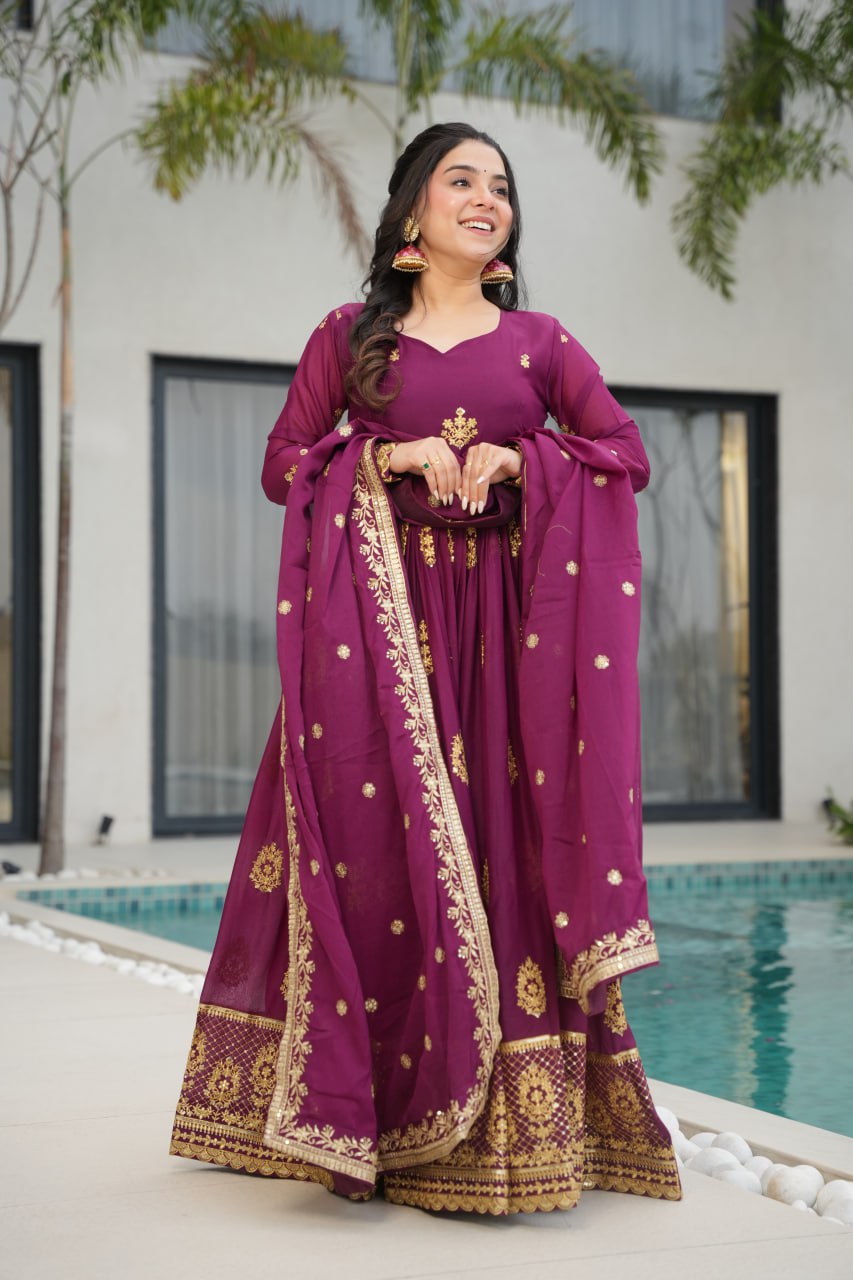 Wine Elegant Embroidered Star Georgette Gown with Dupatta – Full Sleeve, Pan Neck, Zari & Sequin Work Clothsvilla Main image