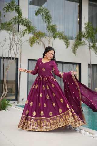 Wine Elegant Embroidered Star Georgette Gown with Dupatta – Full Sleeve, Pan Neck, Zari & Sequin Work Clothsvilla