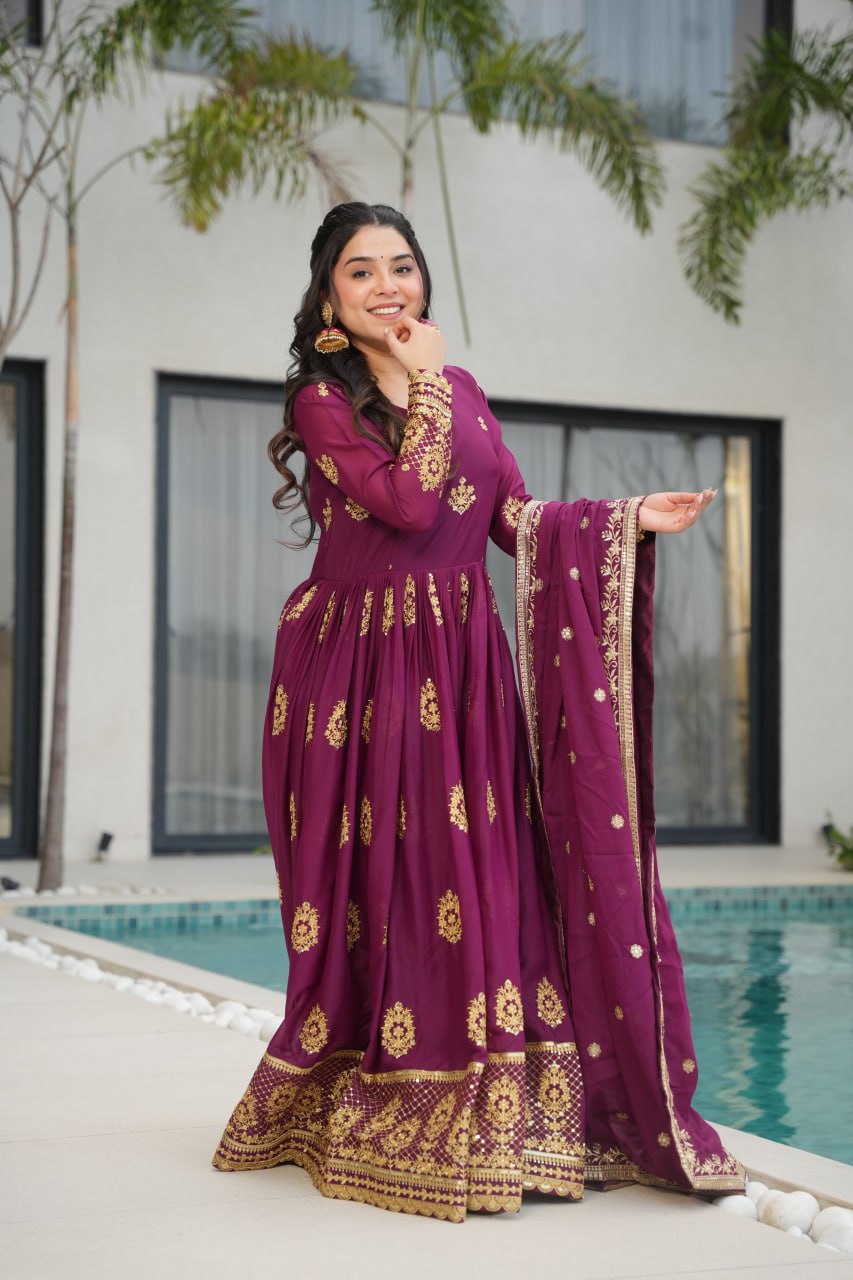 Wine Elegant Embroidered Star Georgette Gown with Dupatta – Full Sleeve, Pan Neck, Zari & Sequin Work Clothsvilla