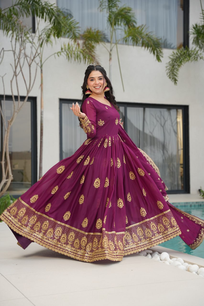 Wine Elegant Embroidered Star Georgette Gown with Dupatta – Full Sleeve, Pan Neck, Zari & Sequin Work Clothsvilla