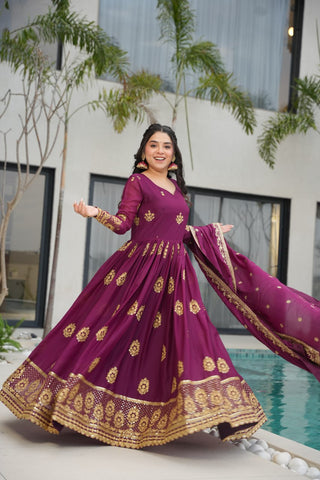 Wine Elegant Embroidered Star Georgette Gown with Dupatta – Full Sleeve, Pan Neck, Zari & Sequin Work Clothsvilla