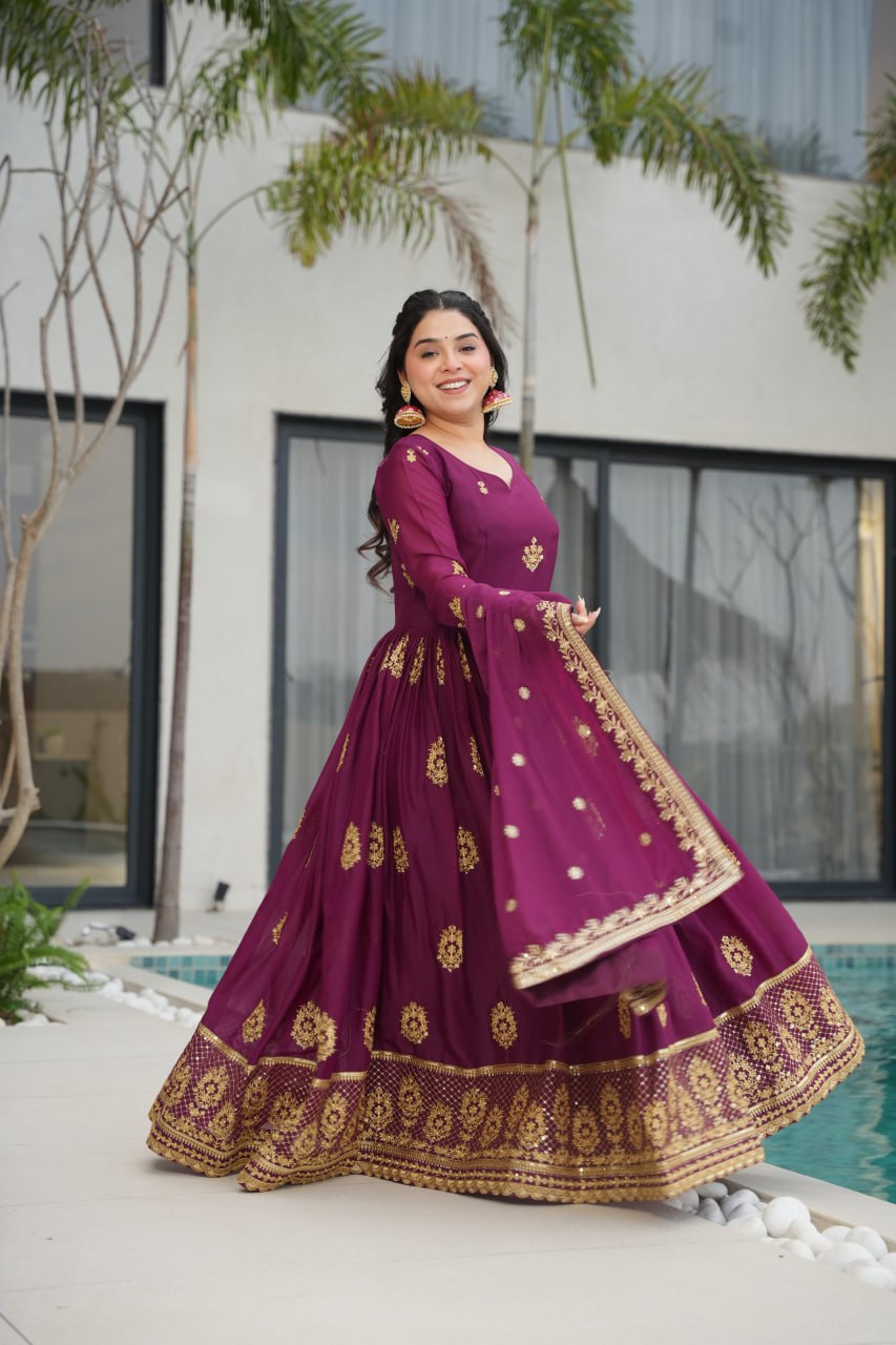 Wine Elegant Embroidered Star Georgette Gown with Dupatta – Full Sleeve, Pan Neck, Zari & Sequin Work Clothsvilla