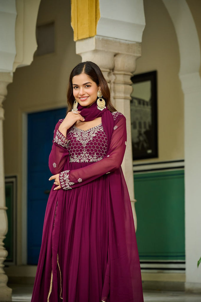 Wine Elegant Faux Blooming Gown with Bead Embroidery & Designer Lace Dupatta – Full-Sleeve Pan V-Neck Ensemble ClothsVilla