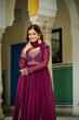 Load image into Gallery viewer, Wine Elegant Faux Blooming Gown with Bead Embroidery &amp; Designer Lace Dupatta – Full-Sleeve Pan V-Neck Ensemble ClothsVilla