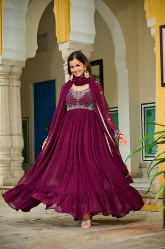 Wine Elegant Faux Blooming Gown with Bead Embroidery & Designer Lace Dupatta – Full-Sleeve Pan V-Neck Ensemble ClothsVilla
