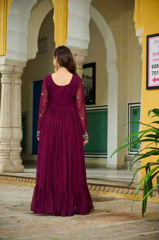 Wine Elegant Faux Blooming Gown with Bead Embroidery & Designer Lace Dupatta – Full-Sleeve Pan V-Neck Ensemble ClothsVilla