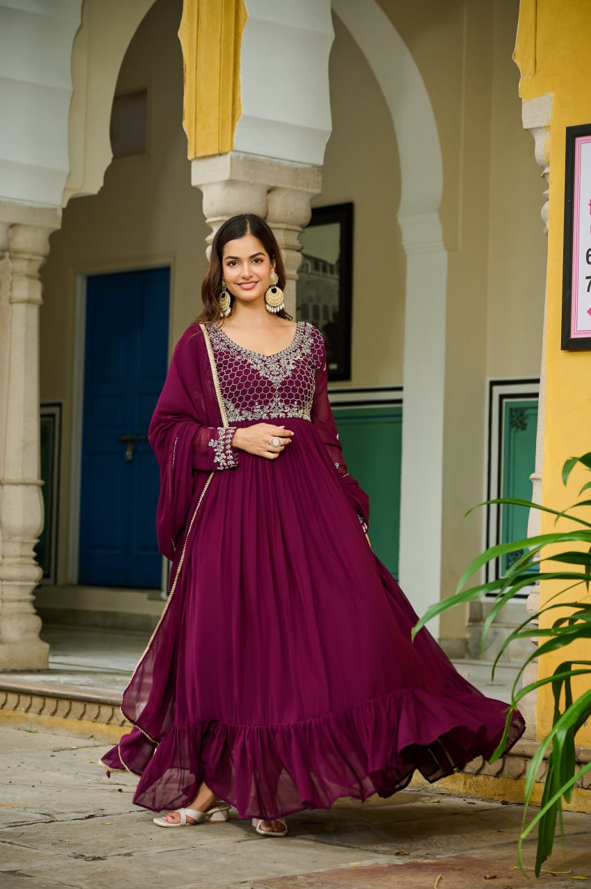 Wine Elegant Faux Blooming Gown with Bead Embroidery & Designer Lace Dupatta – Full-Sleeve Pan V-Neck Ensemble ClothsVilla