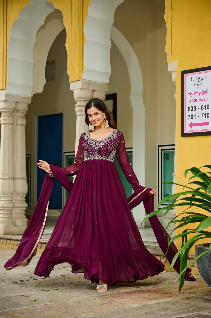 Wine Elegant Faux Blooming Gown with Bead Embroidery & Designer Lace Dupatta – Full-Sleeve Pan V-Neck Ensemble ClothsVilla
