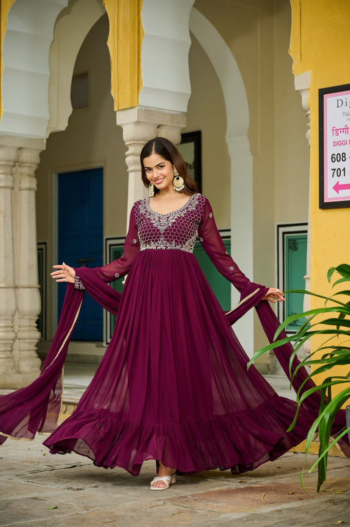 Wine Elegant Faux Blooming Gown with Bead Embroidery & Designer Lace Dupatta – Full-Sleeve Pan V-Neck Ensemble ClothsVilla