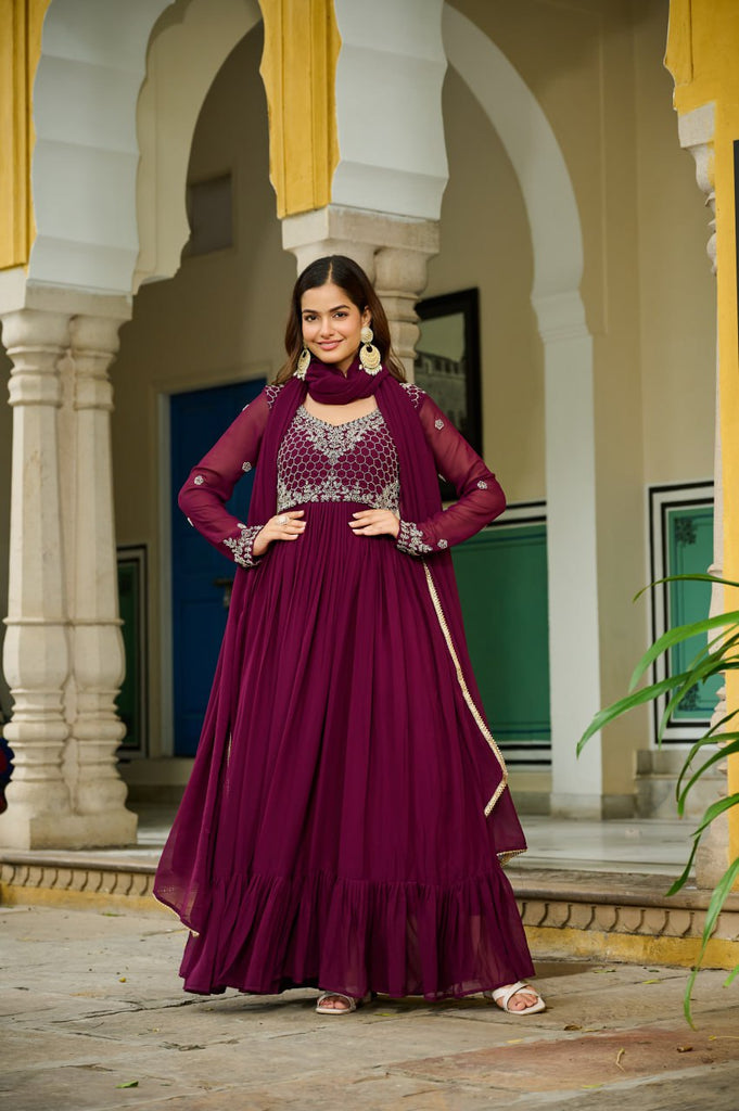 Wine Elegant Faux Blooming Gown with Bead Embroidery & Designer Lace Dupatta – Full-Sleeve Pan V-Neck Ensemble ClothsVilla