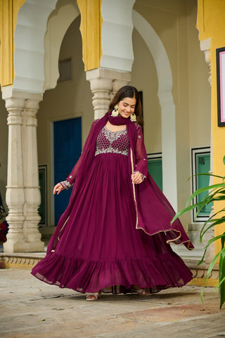 Wine Elegant Faux Blooming Gown with Bead Embroidery & Designer Lace Dupatta – Full-Sleeve Pan V-Neck Ensemble ClothsVilla