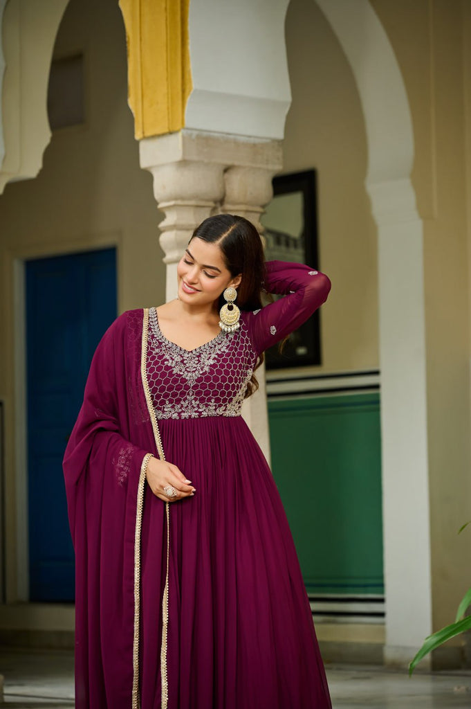 Wine Elegant Faux Blooming Gown with Bead Embroidery & Designer Lace Dupatta – Full-Sleeve Pan V-Neck Ensemble ClothsVilla