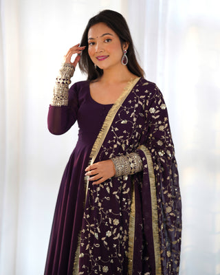 Wine Elegant Georgette Anarkali Gown Set – Festive & Wedding Ready