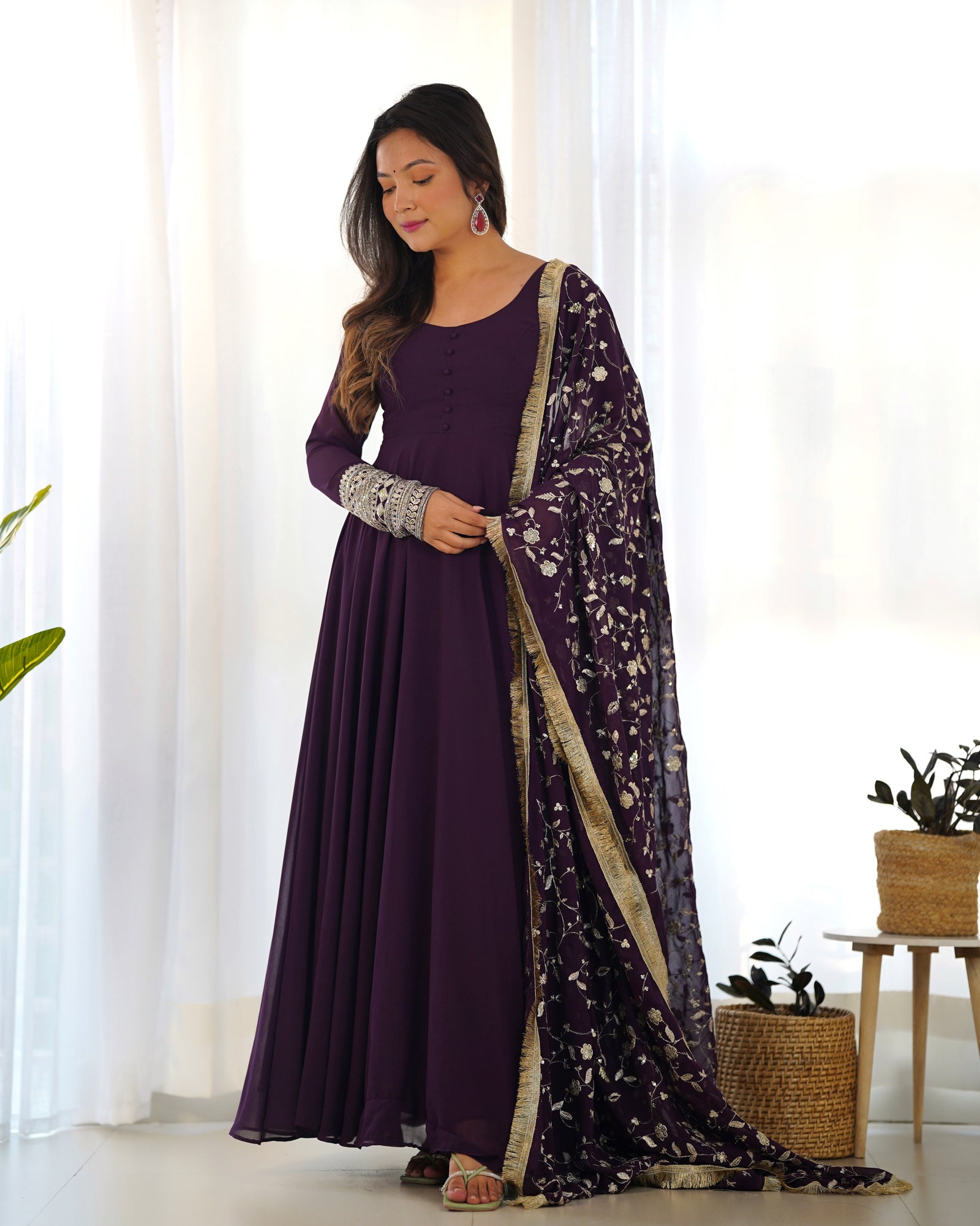 Wine Elegant Georgette Anarkali Gown Set – Festive & Wedding Ready