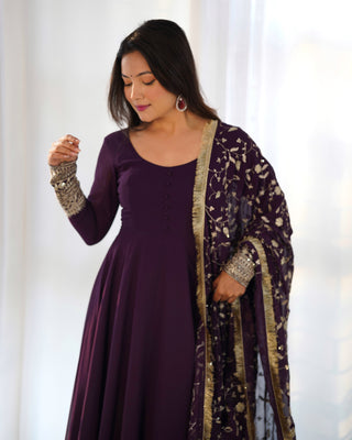 Wine Elegant Georgette Anarkali Gown Set – Festive & Wedding Ready