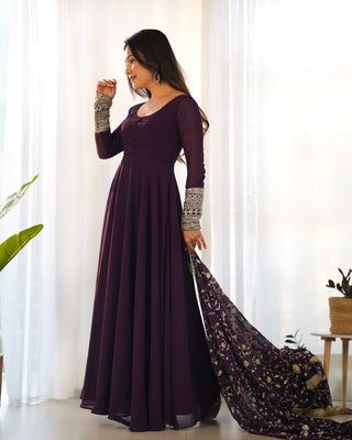 Wine Elegant Georgette Anarkali Gown Set – Festive & Wedding Ready