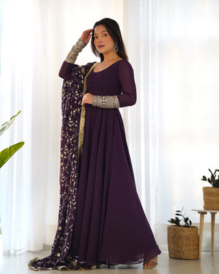 Wine Elegant Georgette Anarkali Gown Set – Festive & Wedding Ready