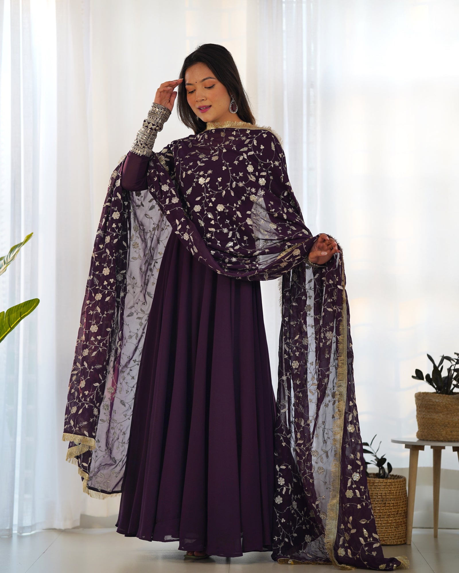 Wine Elegant Georgette Anarkali Gown Set – Festive & Wedding Ready