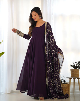 Wine Elegant Georgette Anarkali Gown Set – Festive & Wedding Ready