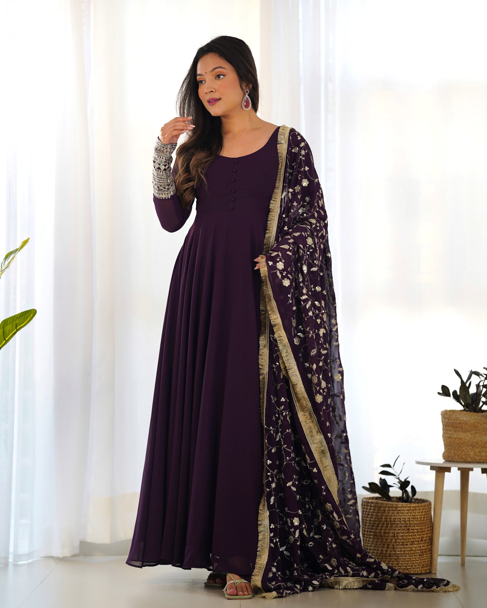 Wine Elegant Georgette Anarkali Gown Set – Festive & Wedding Ready
