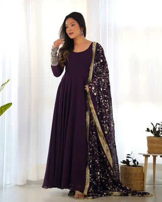 Wine Elegant Georgette Anarkali Gown Set – Festive & Wedding Ready