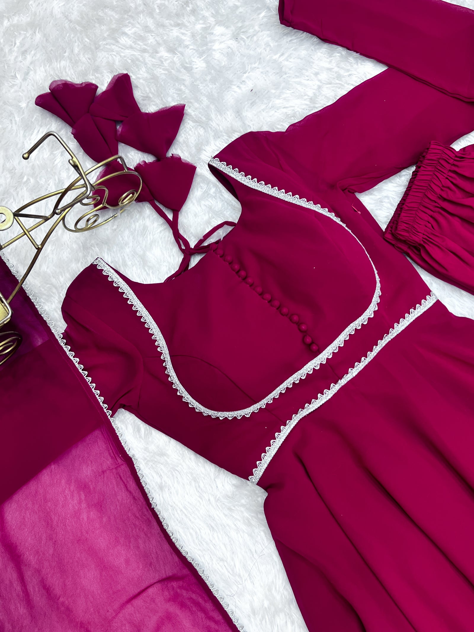 Dark Pink Elegant Georgette Anarkali Gown Set with Dupatta & Pants - Ready to Wear