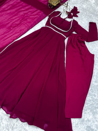 Dark Pink Elegant Georgette Anarkali Gown Set with Dupatta & Pants - Ready to Wear