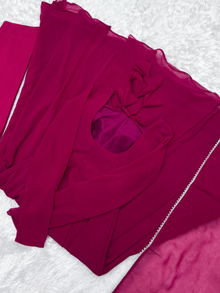 Dark Pink Elegant Georgette Anarkali Gown Set with Dupatta & Pants - Ready to Wear