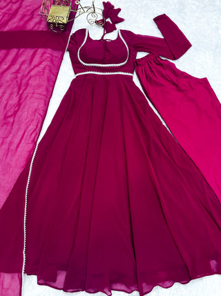 Dark Pink Elegant Georgette Anarkali Gown Set with Dupatta & Pants - Ready to Wear