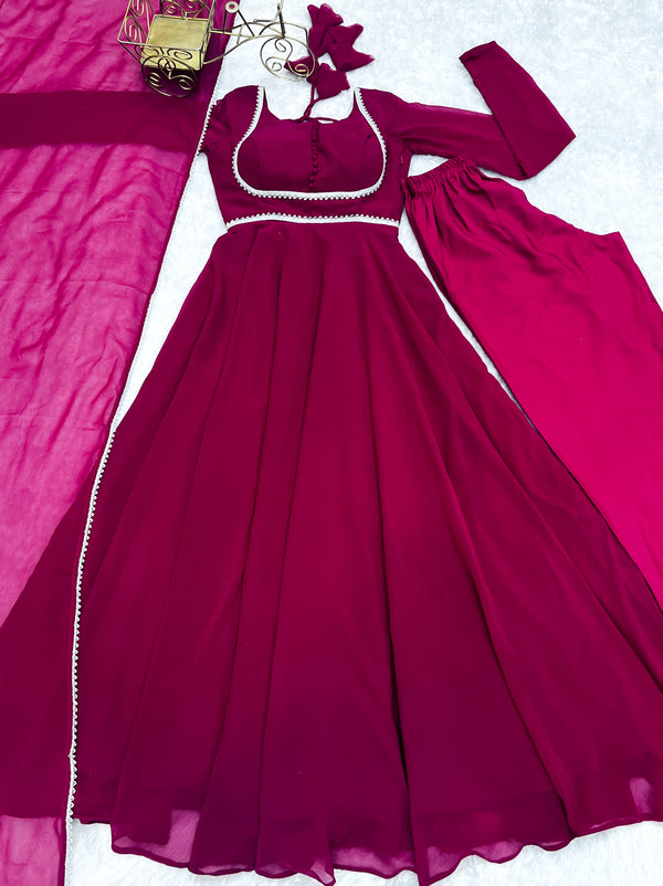 Dark Pink Elegant Georgette Anarkali Gown Set with Dupatta & Pants - Ready to Wear