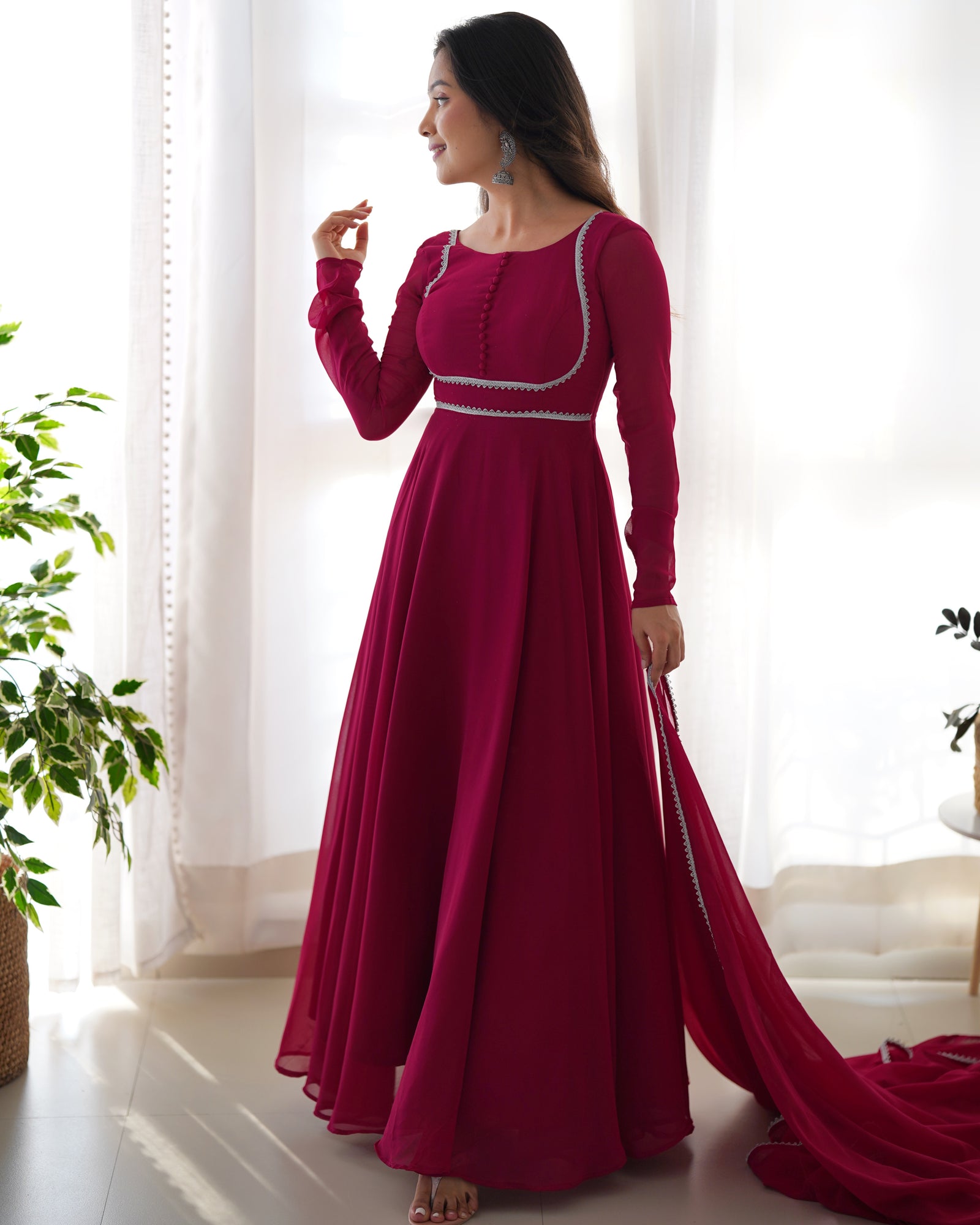 Dark Pink Elegant Georgette Anarkali Gown Set with Dupatta & Pants - Ready to Wear