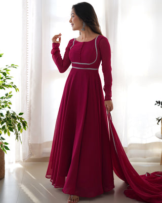 Dark Pink Elegant Georgette Anarkali Gown Set with Dupatta & Pants - Ready to Wear