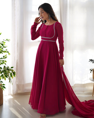 Dark Pink Elegant Georgette Anarkali Gown Set with Dupatta & Pants - Ready to Wear