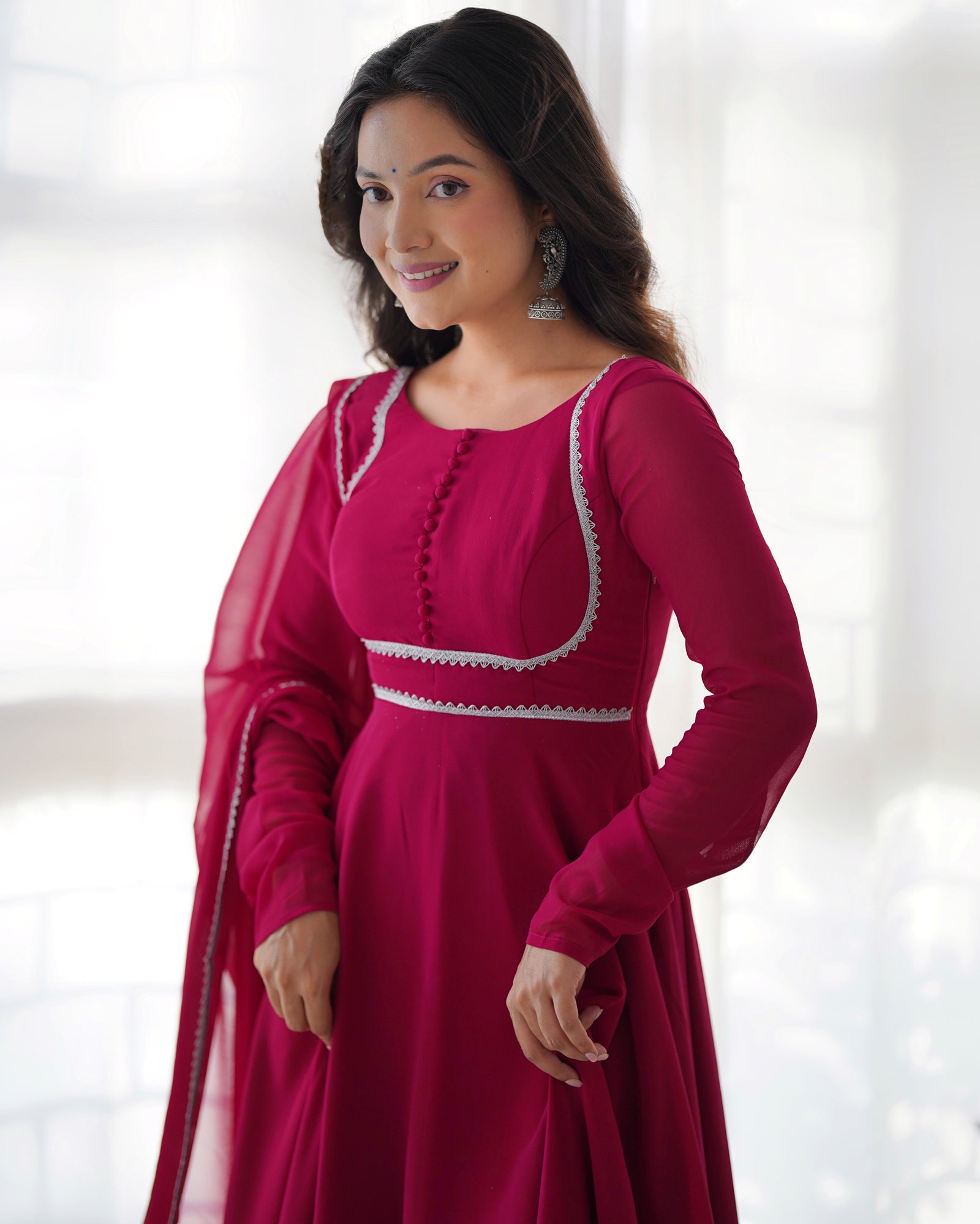 Dark Pink Elegant Georgette Anarkali Gown Set with Dupatta & Pants - Ready to Wear