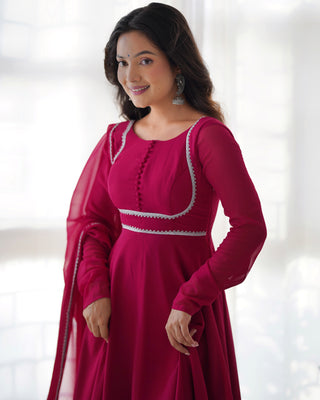 Dark Pink Elegant Georgette Anarkali Gown Set with Dupatta & Pants - Ready to Wear