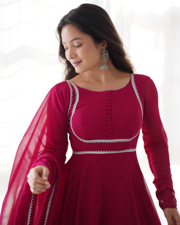 Dark Pink Elegant Georgette Anarkali Gown Set with Dupatta & Pants - Ready to Wear