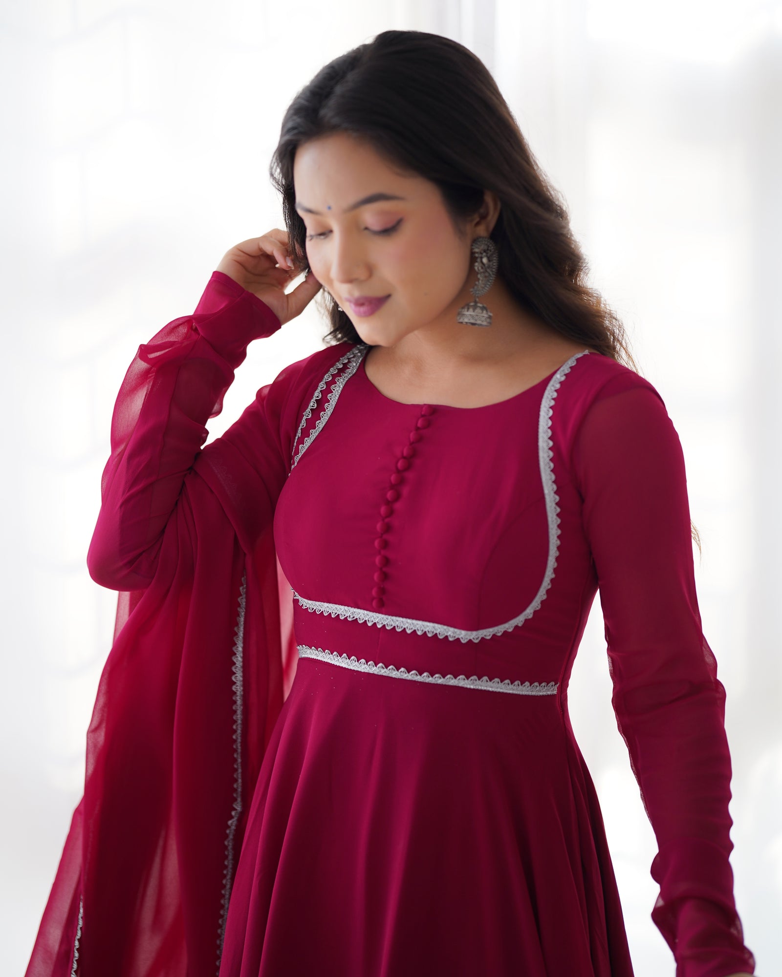 Dark Pink Elegant Georgette Anarkali Gown Set with Dupatta & Pants - Ready to Wear