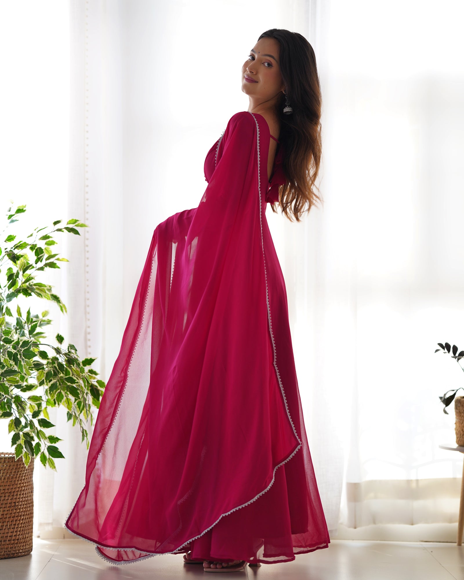 Dark Pink Elegant Georgette Anarkali Gown Set with Dupatta & Pants - Ready to Wear