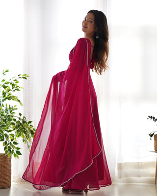 Dark Pink Elegant Georgette Anarkali Gown Set with Dupatta & Pants - Ready to Wear