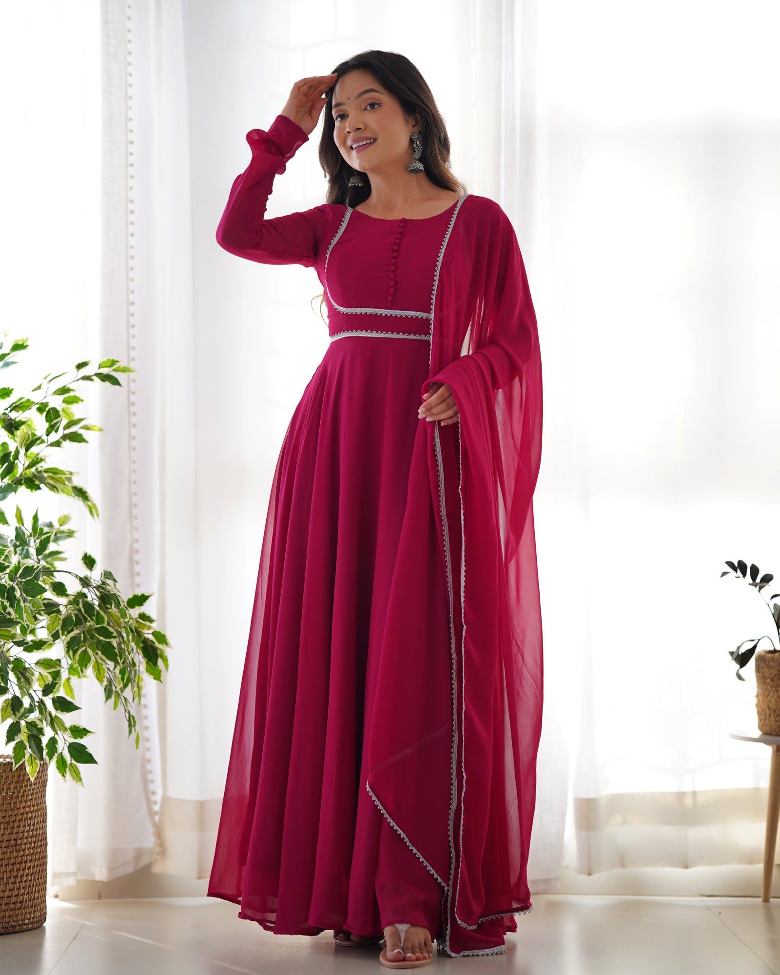 Dark Pink Elegant Georgette Anarkali Gown Set with Dupatta & Pants - Ready to Wear