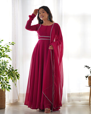 Dark Pink Elegant Georgette Anarkali Gown Set with Dupatta & Pants - Ready to Wear