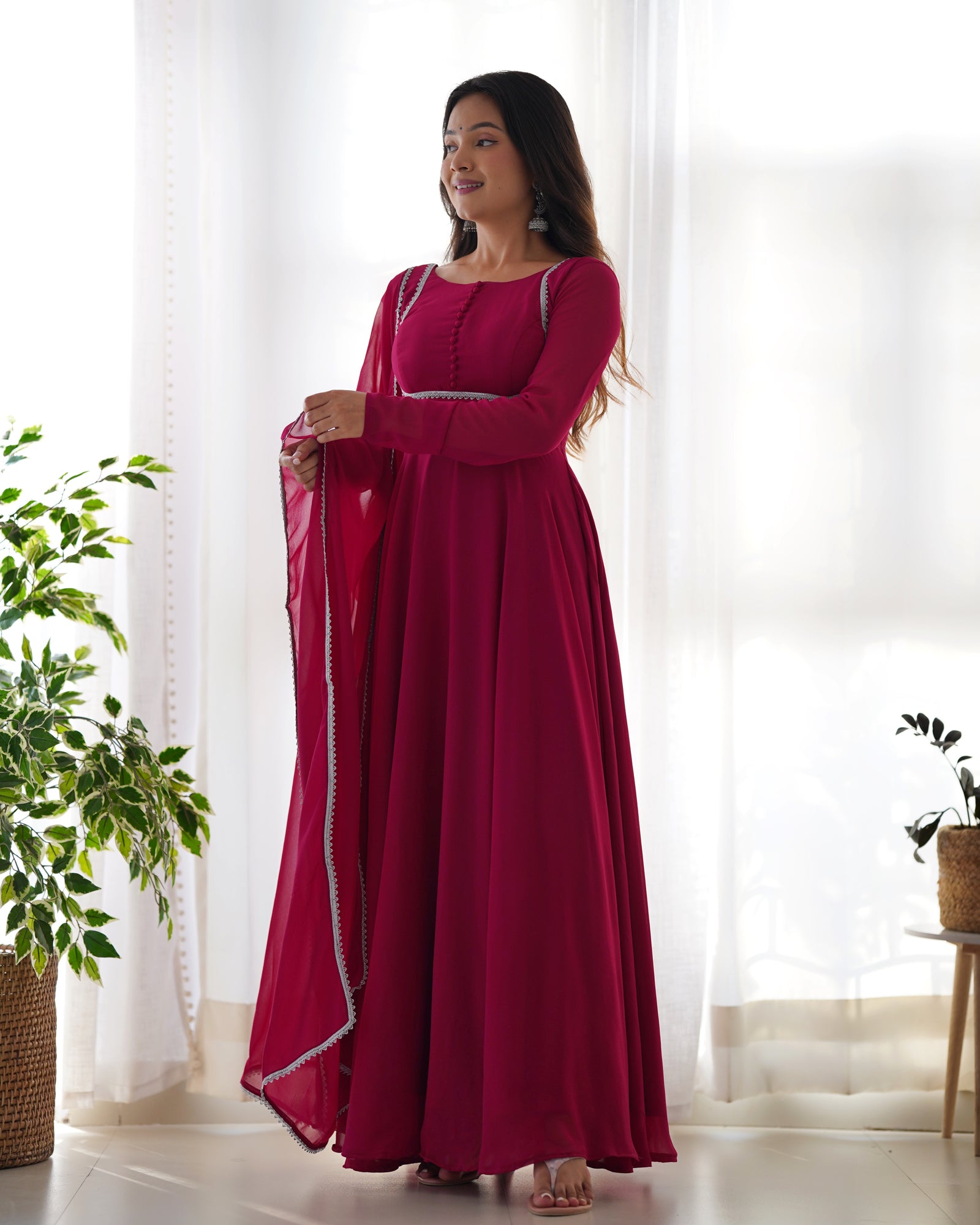 Dark Pink Elegant Georgette Anarkali Gown Set with Dupatta & Pants - Ready to Wear