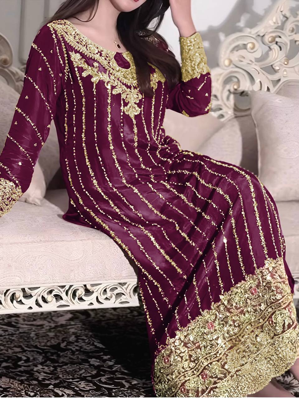 Wine Elegant Heavy Chinon Silk Embroidered Palazzo Set with Rivet Moti & 5mm Sequin Work – Fully Stitched with Dupatta ClothsVilla