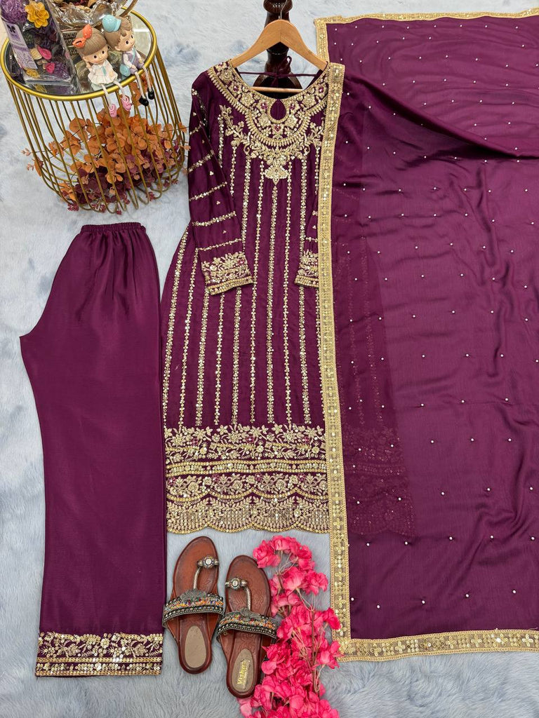Wine Elegant Heavy Chinon Silk Embroidered Palazzo Set with Rivet Moti & 5mm Sequin Work – Fully Stitched with Dupatta ClothsVilla